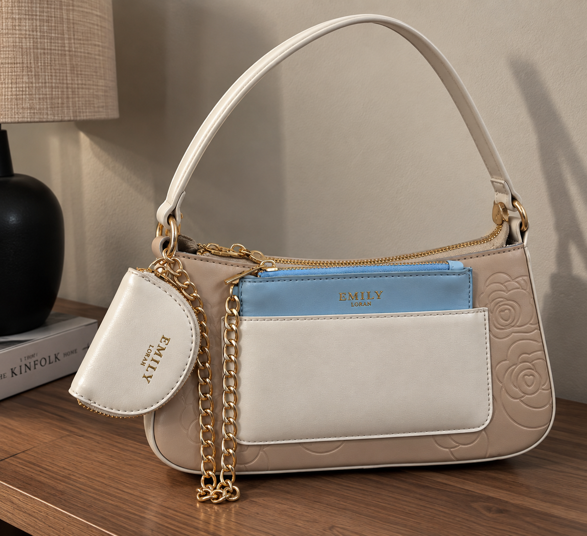 EMILY LORAN Elegant Multi-Compartment Shoulder Bag with Chain Detail