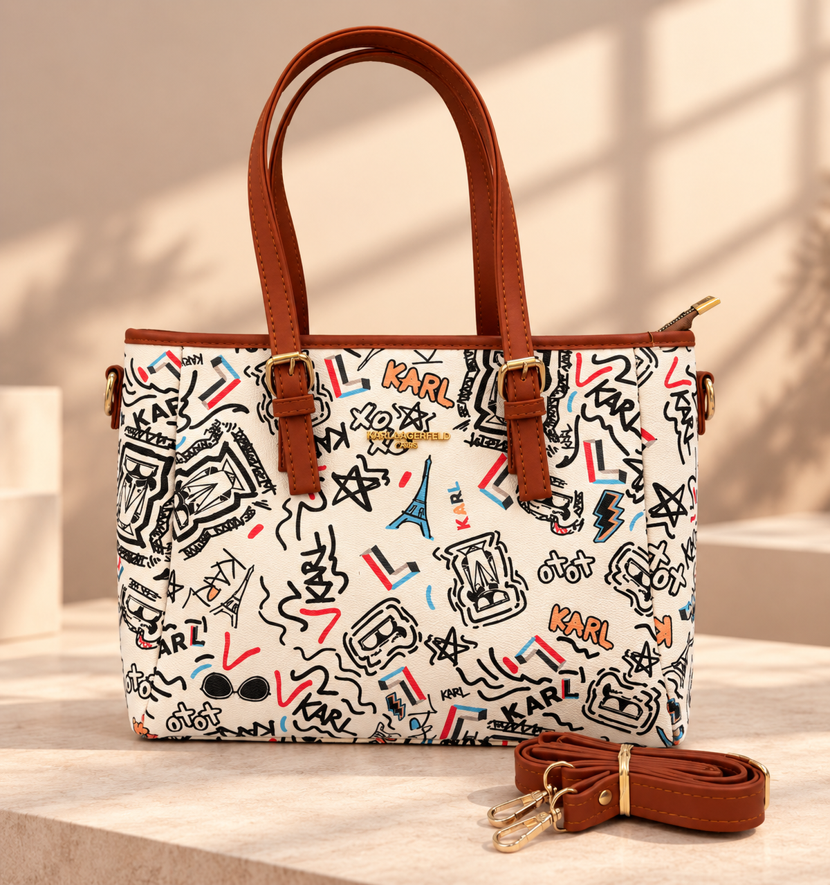 Karl Lagerfeld Graffiti Print Tote Bag with Leather Handles & Strap