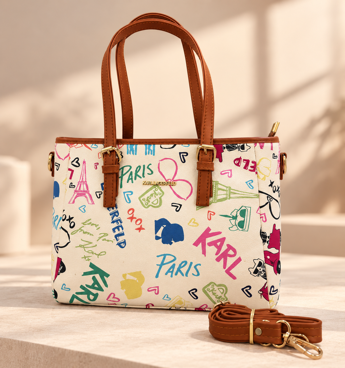 Karl Lagerfeld Graffiti Print Tote Bag with Leather Handles & Strap