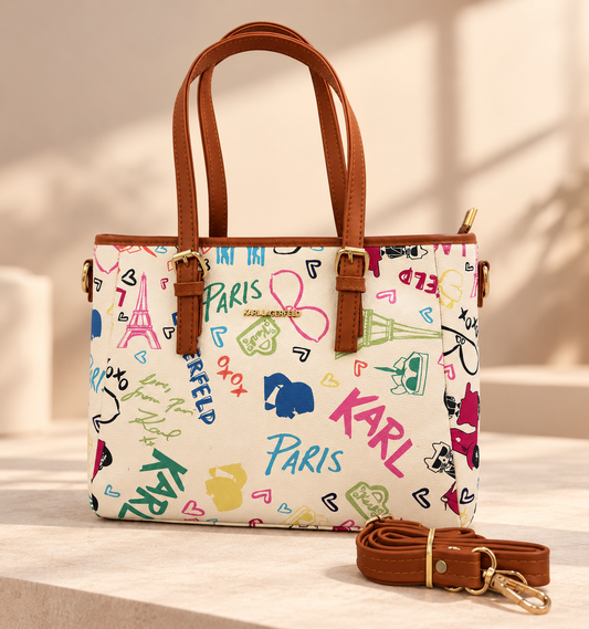 Karl Lagerfeld Graffiti Print Tote Bag with Leather Handles & Strap
