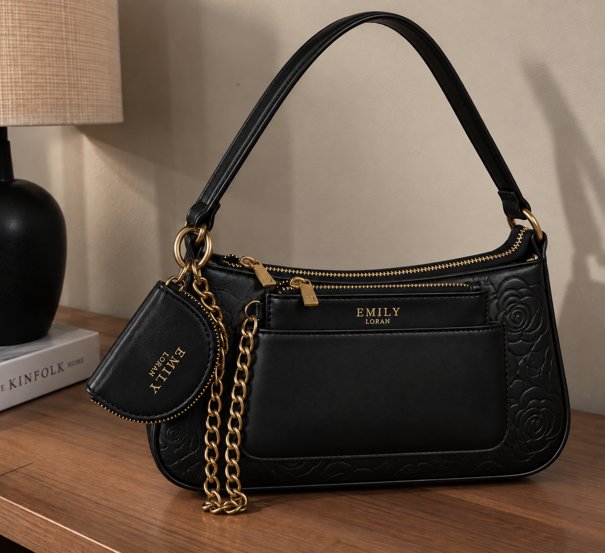 EMILY LORAN Elegant Multi-Compartment Shoulder Bag with Chain Detail