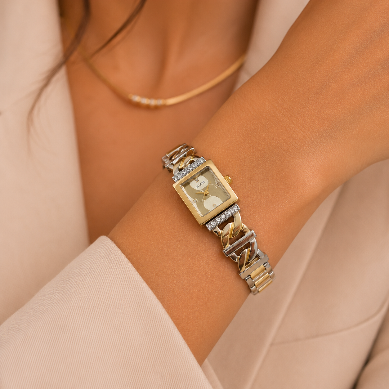 Guess Women's Square Crystal Analog Watch — Two-Tone Chain Bracelet