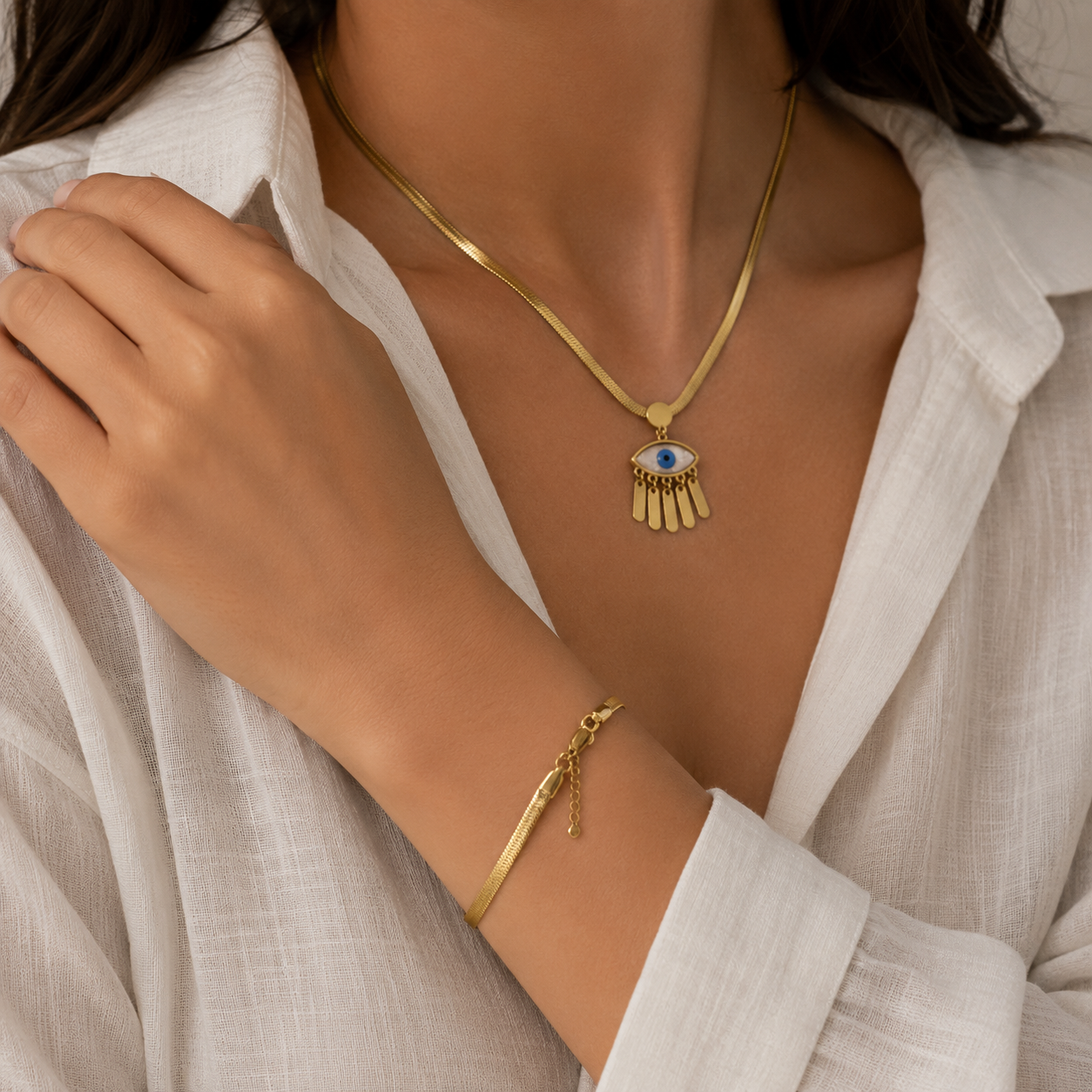 Gold Evil Eye Set — Herringbone Bracelet & Pendant Necklace