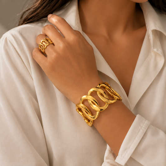 Gold Wave Cuff & Ring Set — Open Curve Statement Duo
