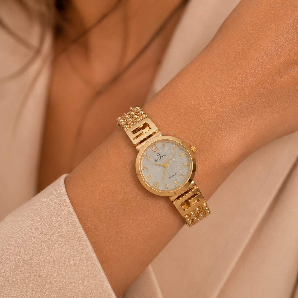 SHEIN Gold-Tone Roman Numeral Watch — Greek Key Bracelet
