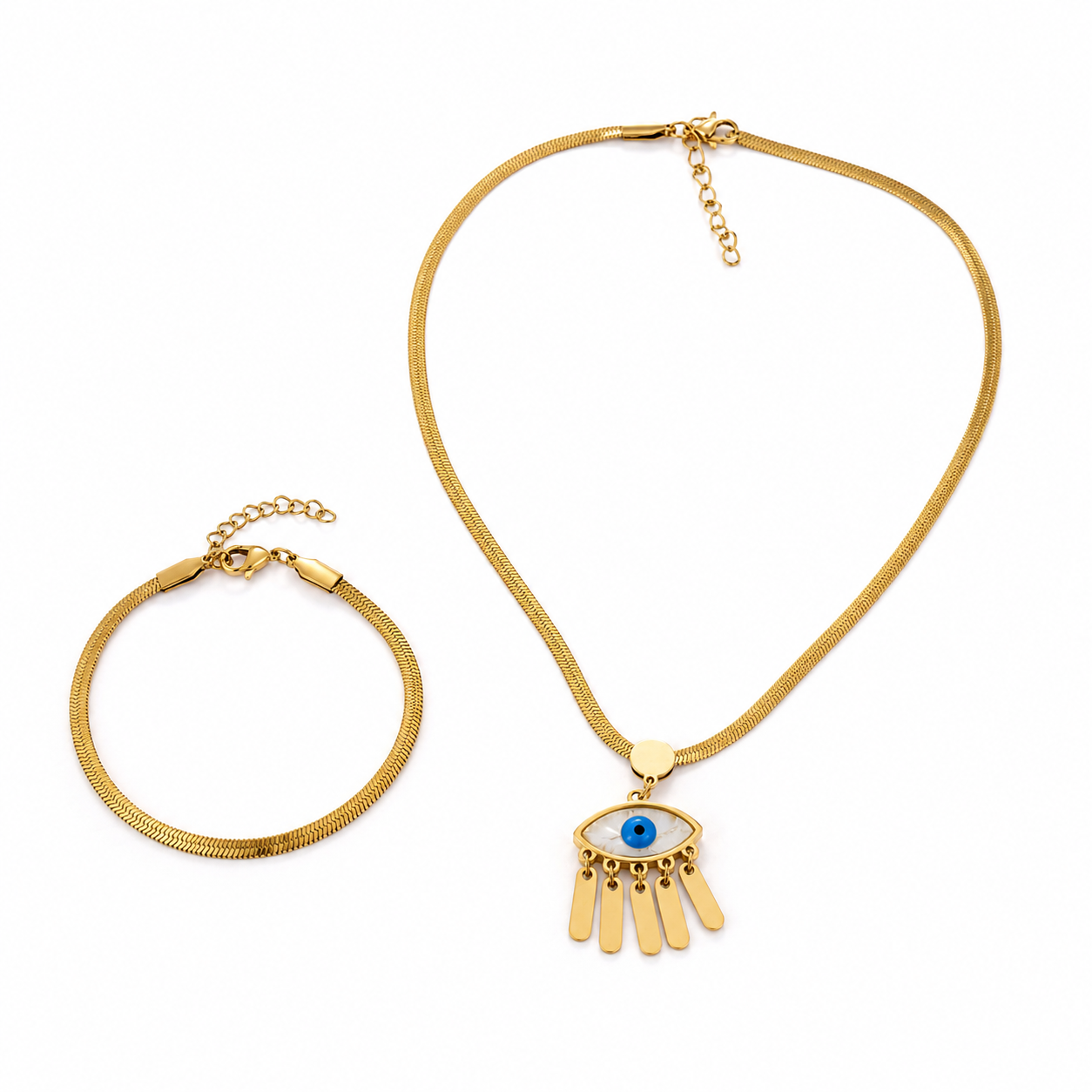 Gold Evil Eye Set — Herringbone Bracelet & Pendant Necklace