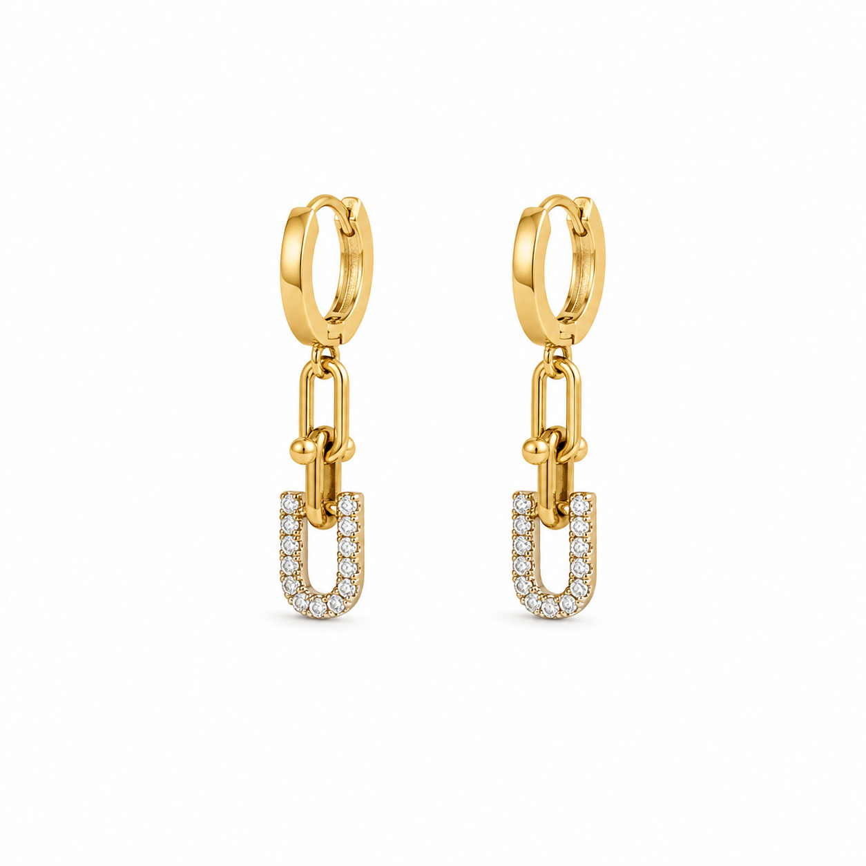 Gold & Crystal Link Drop Earrings — Huggie Hoop with Pavé Charm