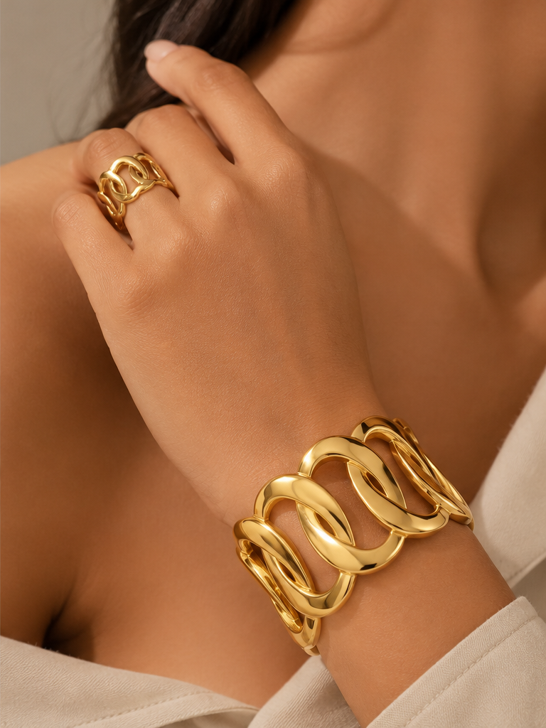Gold Wave Cuff & Ring Set — Open Curve Statement Duo