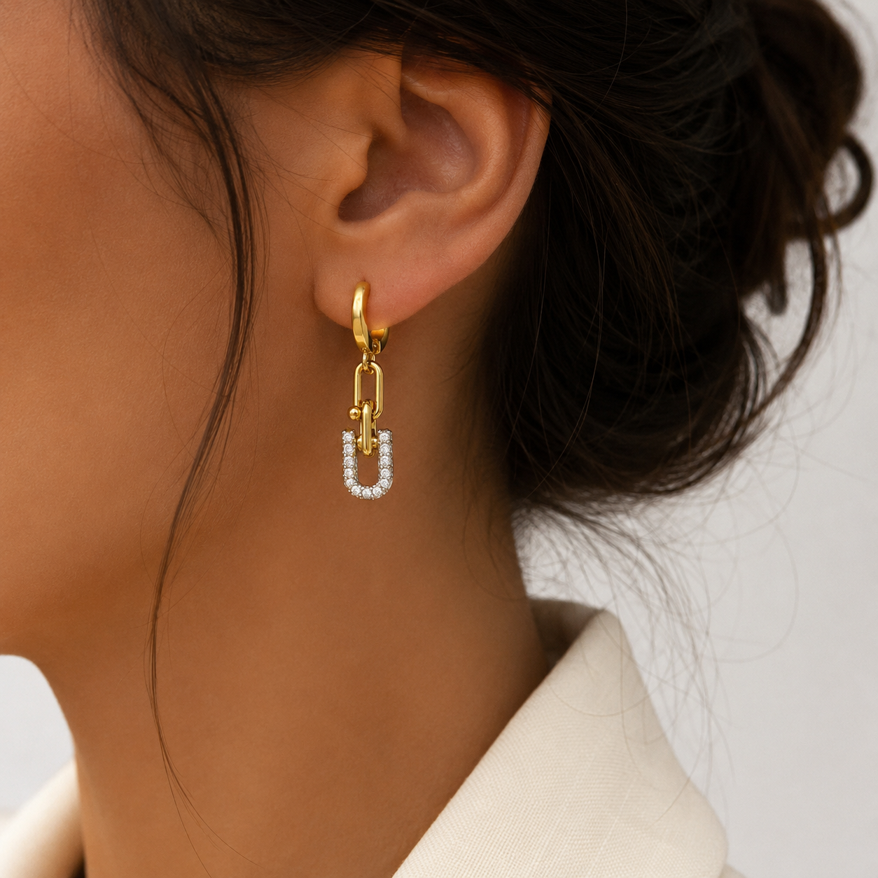 Gold & Crystal Link Drop Earrings — Huggie Hoop with Pavé Charm