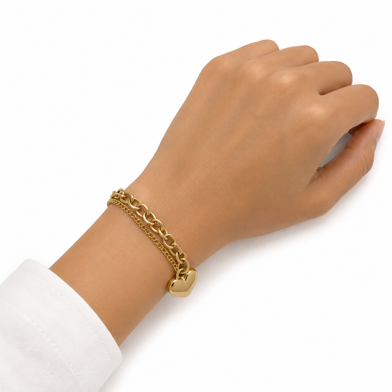 Gold Double Chain Heart Charm Bracelet