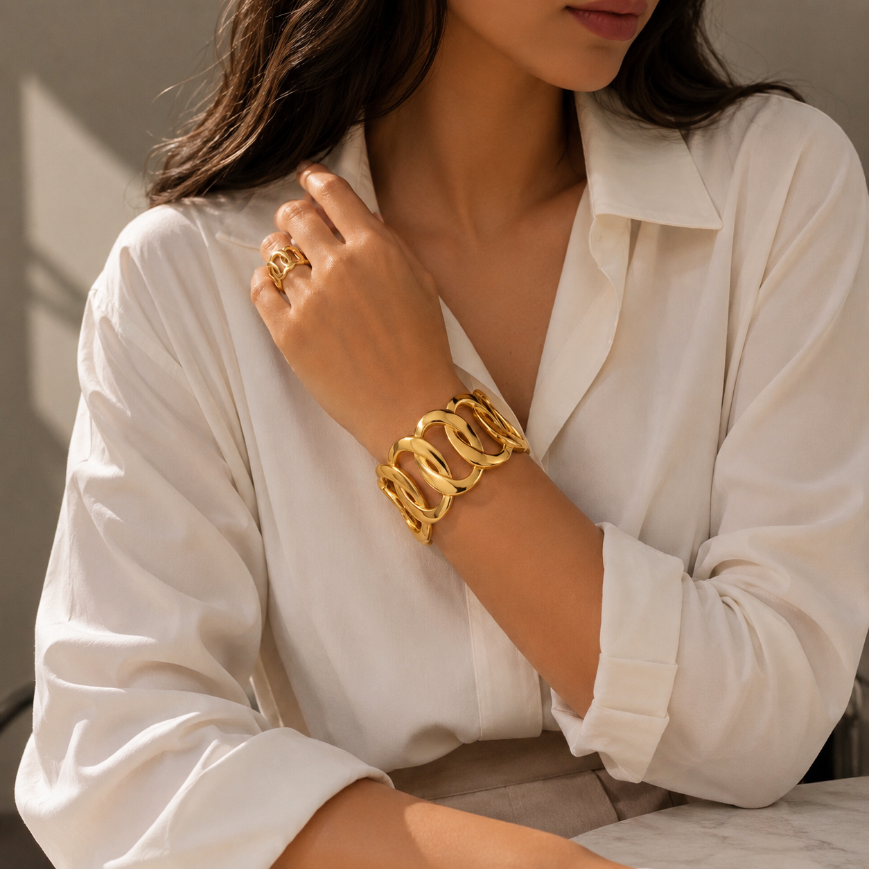 Gold Wave Cuff & Ring Set — Open Curve Statement Duo